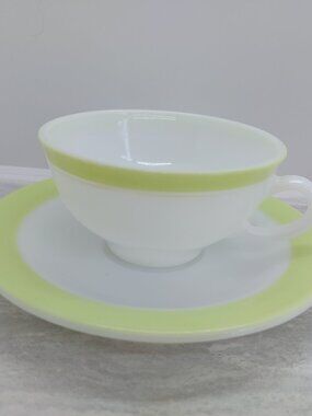 Vintage Pyrex Milk Glass Tea Cup And Saucer With Lime Green Band